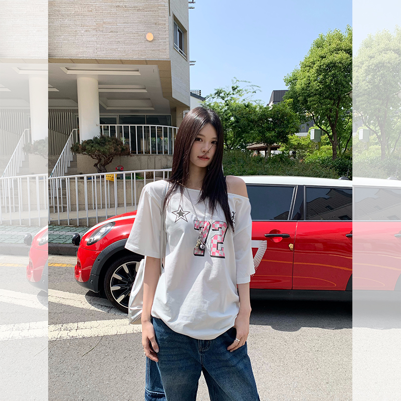 大耳朵lumoder  白色印花短袖T恤女夏季街头风宽松上衣D5T1831
