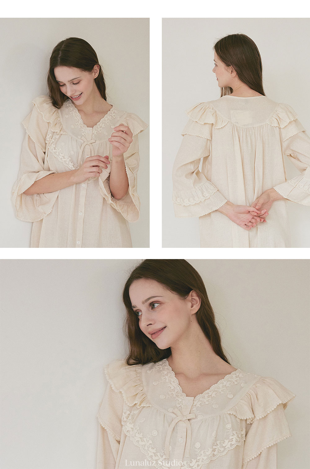 lunaluz韩国品牌睡衣家居服米色棉麻款秋季蕾丝花边可爱睡衣08431