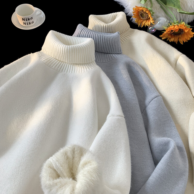 白色高领加绒毛衣男冬季2025宽松重磅简约慵懒风内搭针织衫卫衣