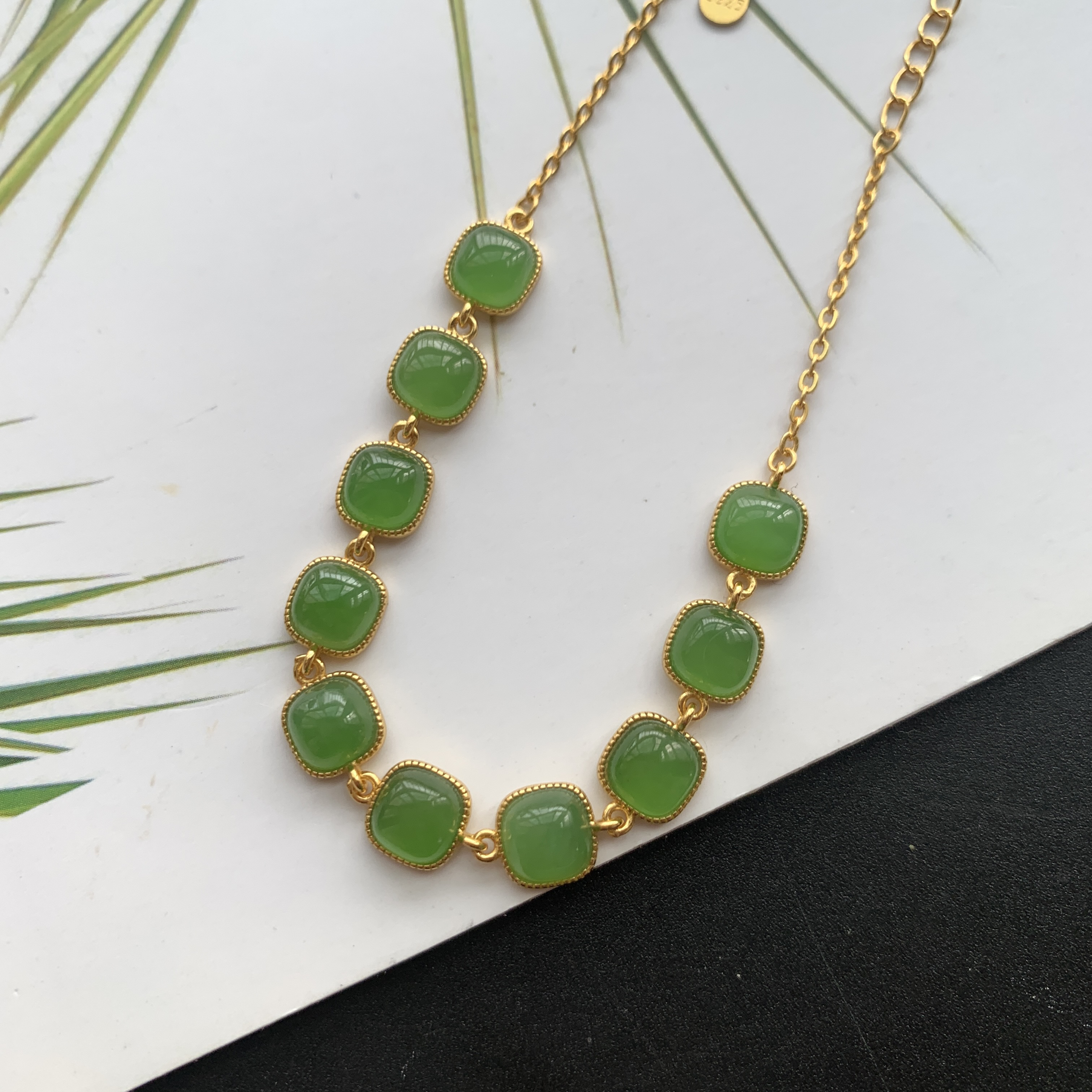 S925银镶嵌碧玉手链女士饰品玉石俄料碧玉生日礼物