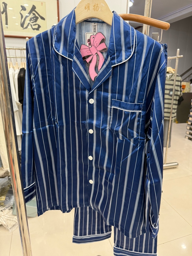 春秋夏季男士女士条纹长袖长裤冰丝睡衣家居服套装
