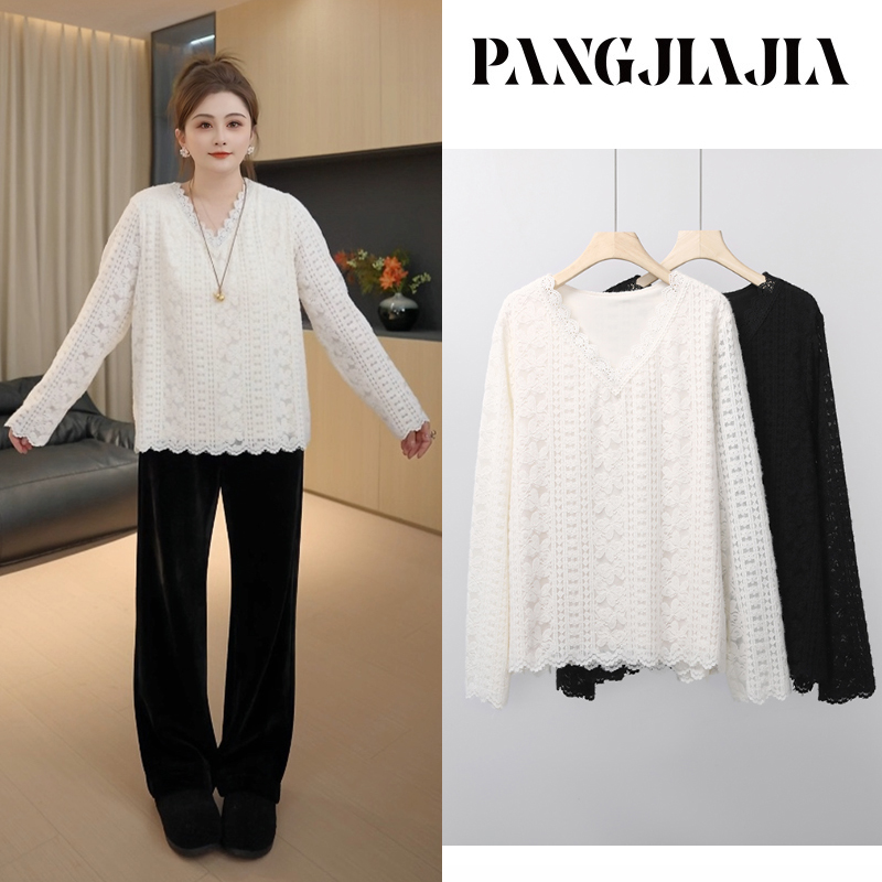 【胖佳佳】现货~蕾丝小调 秋冬时尚加厚牛奶丝磨毛打底衫H625Z17613