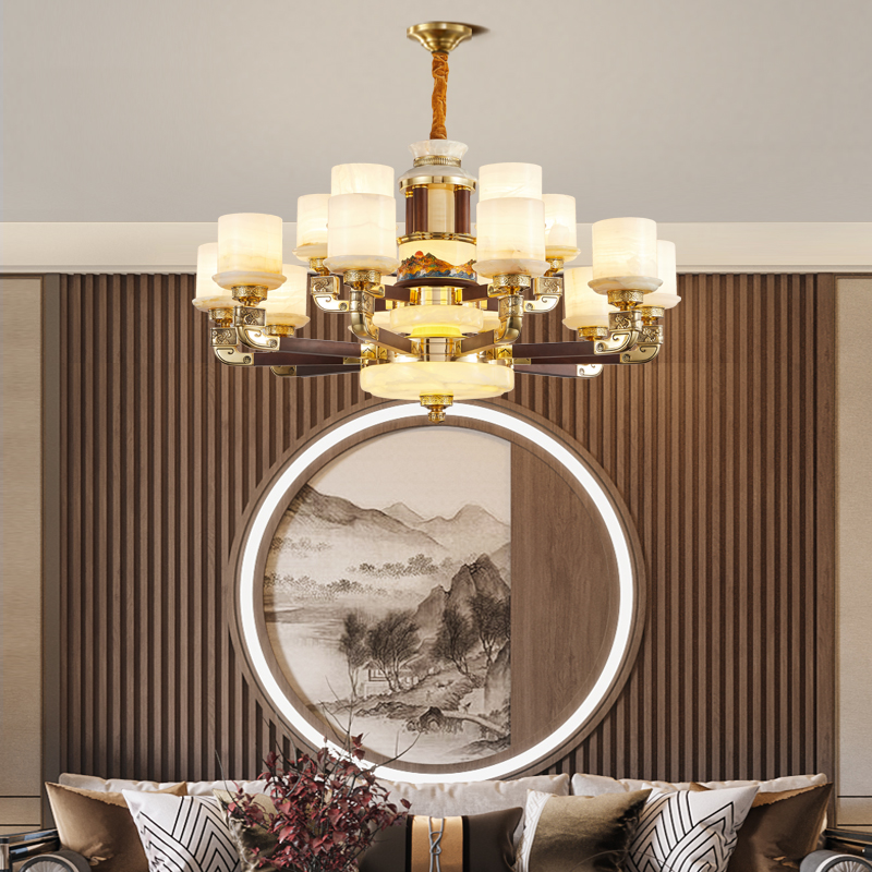 新中式全铜玉石乌金木别墅大吊灯复式楼中楼客厅大灯多层玉石吊灯