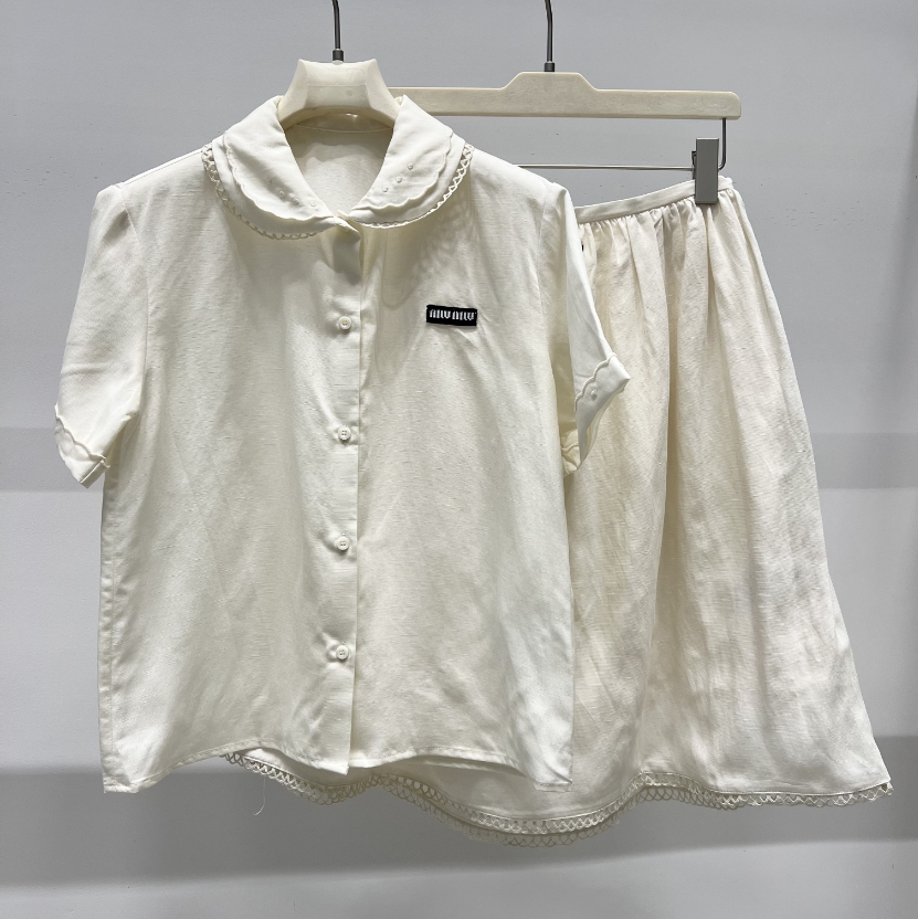 LiLi 25名媛气质甜美风高定棉麻花边套装上衣半裙  16368C-2