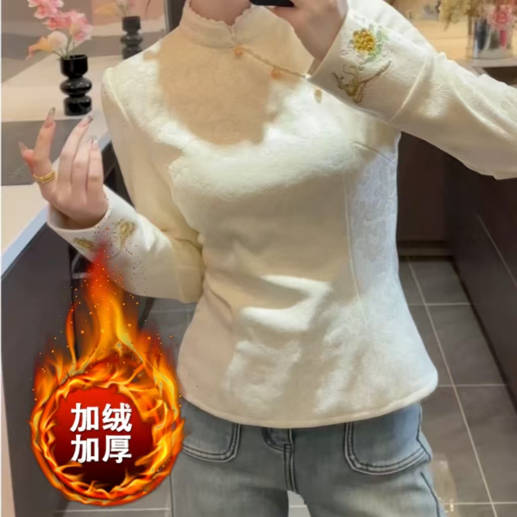 【加绒加厚】原版正品新中式刺绣提花2025秋冬新款国风绝美打底衫