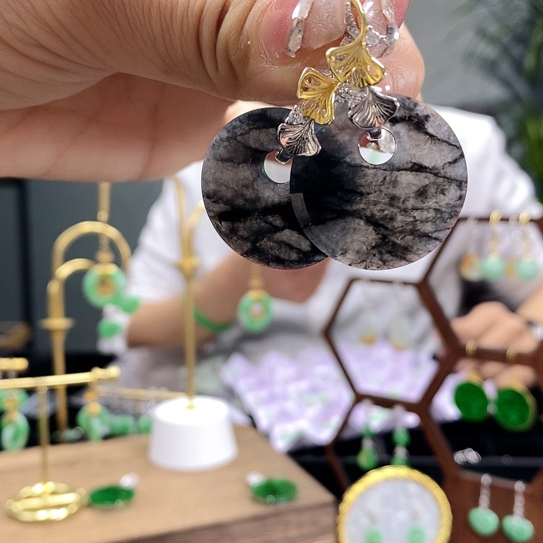 翡翠耳饰银S925镶嵌翡翠