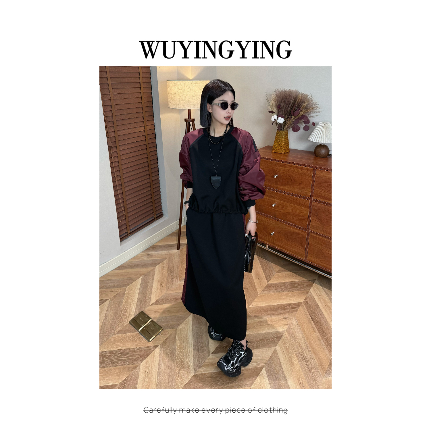  WUYINGYING【悠闲派】高品撞色拼接上衣+半身裙套装WXWY250812