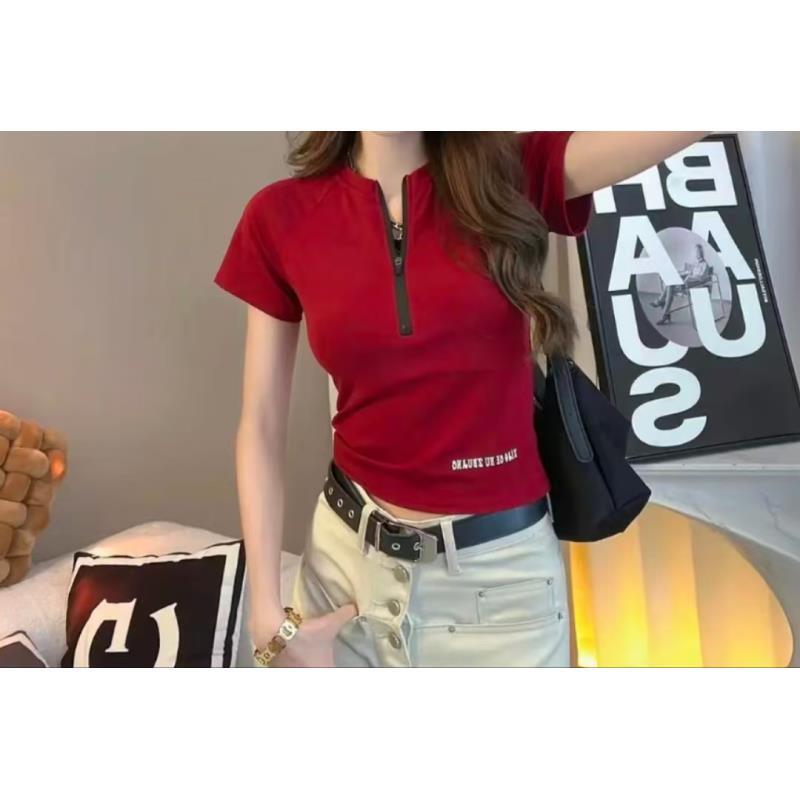 夏季新款小众半拉链短袖T恤女插肩袖设计感修身短款时尚百搭上衣T