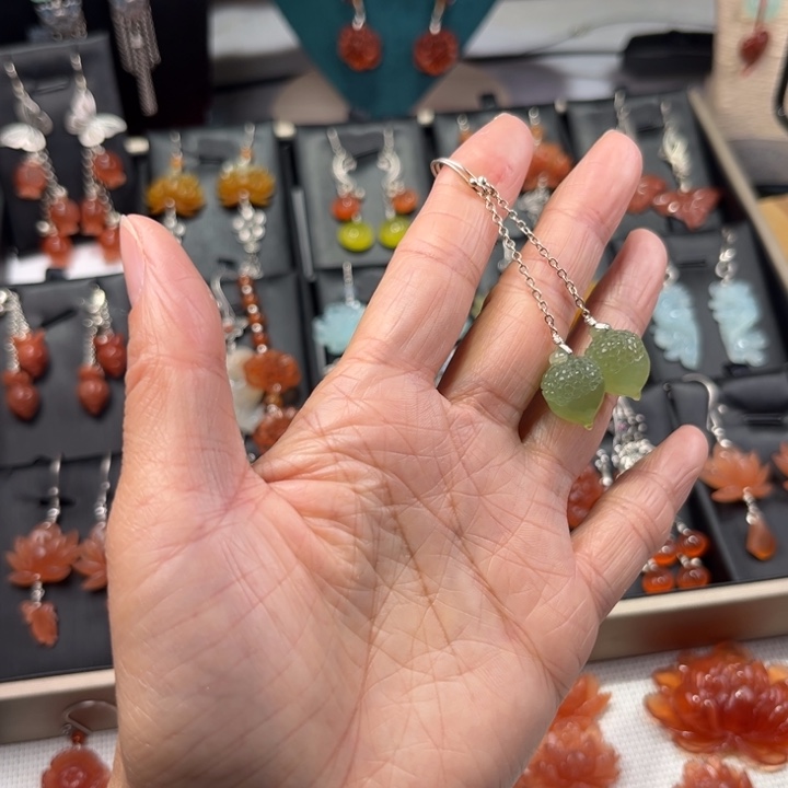 蛇纹石玉耳饰银S925镶嵌