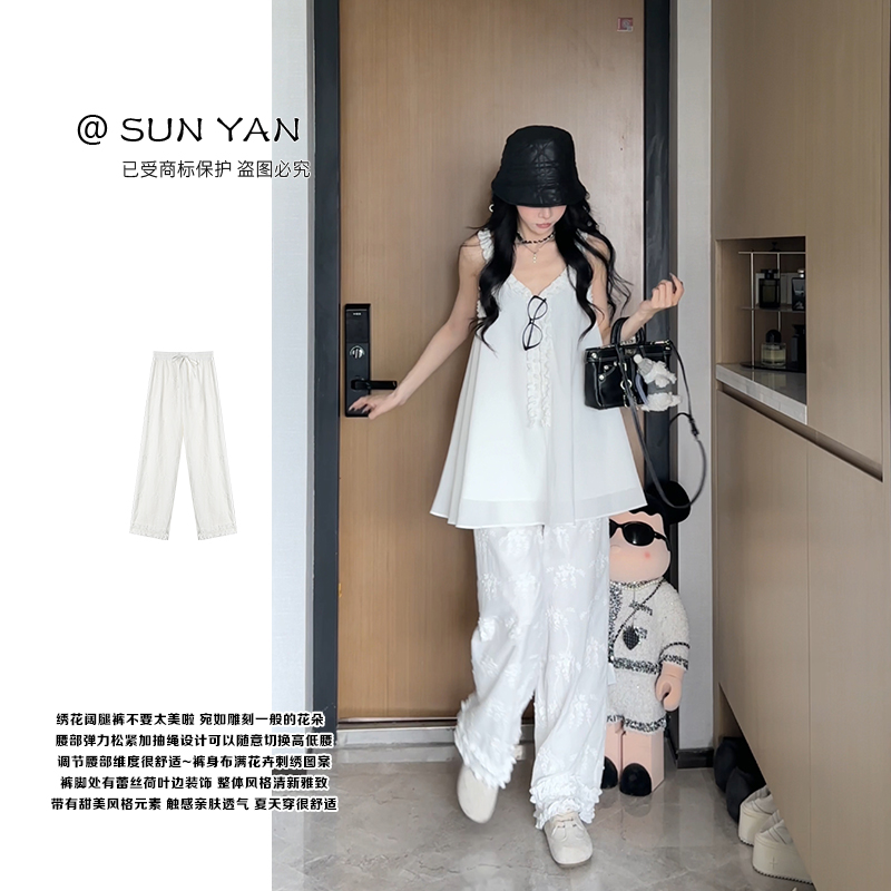 孙妍夏款【白影裤】重工绣花木耳边裤脚高腰抽绳宽松休闲裤新款