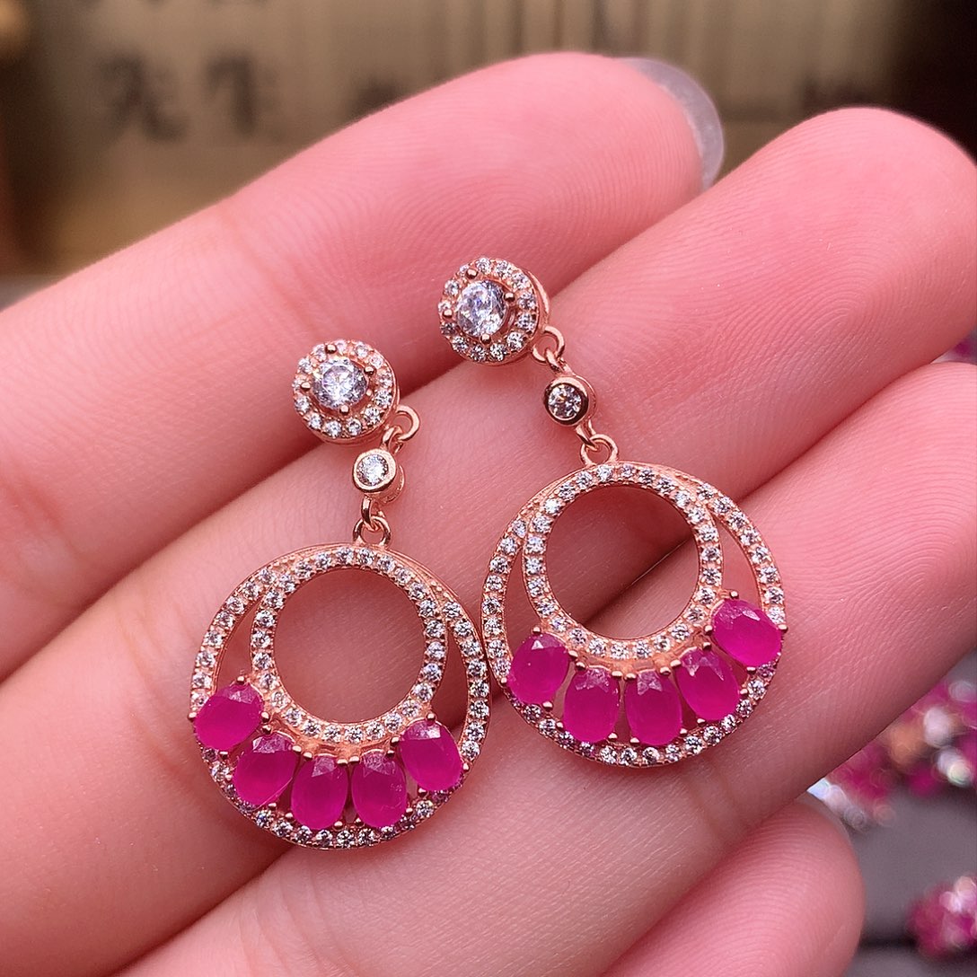 红宝石耳饰银S925镶嵌