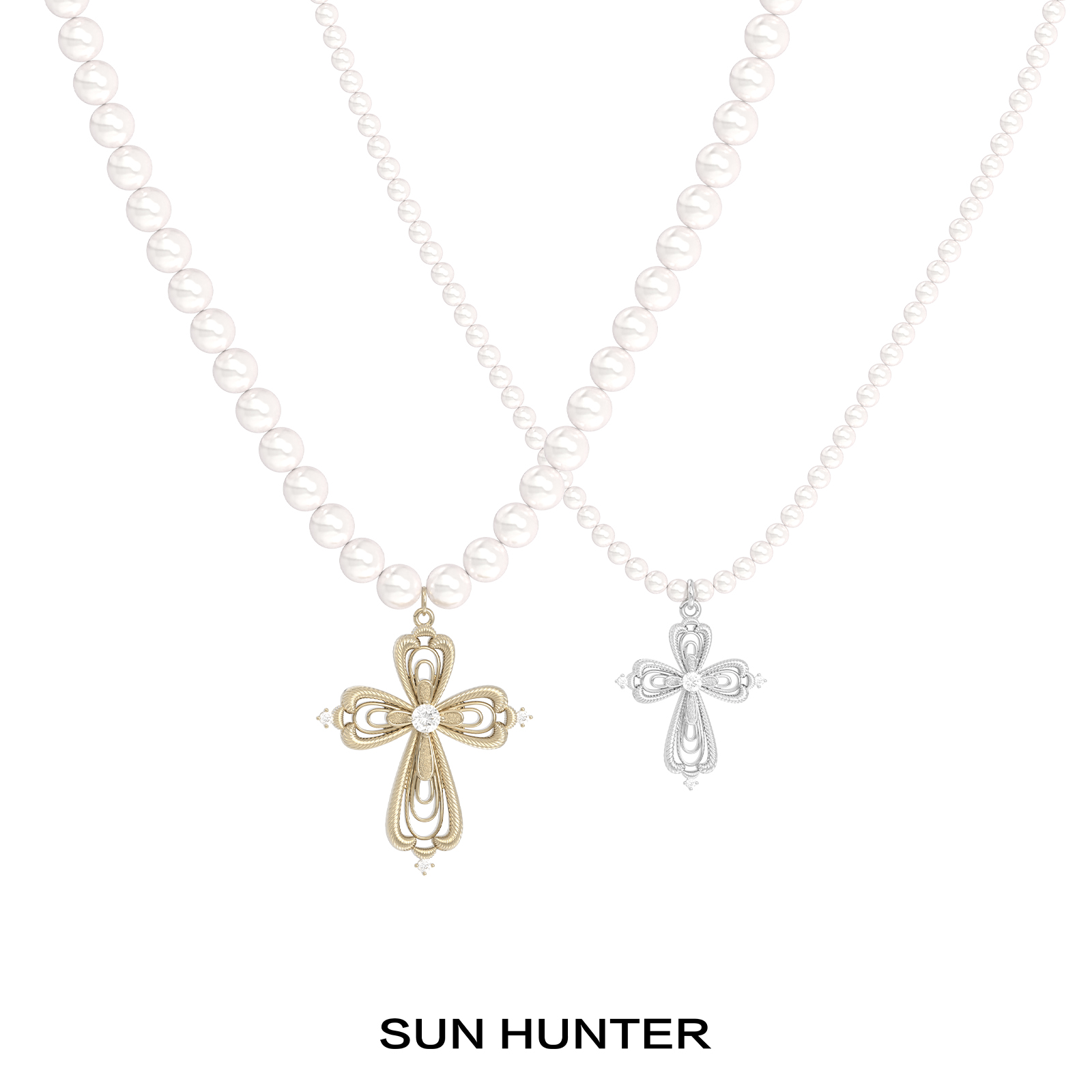 铜合金项链 三横SUN HUNTER「蕾丝微光」原创十字架珠珠项链商品图