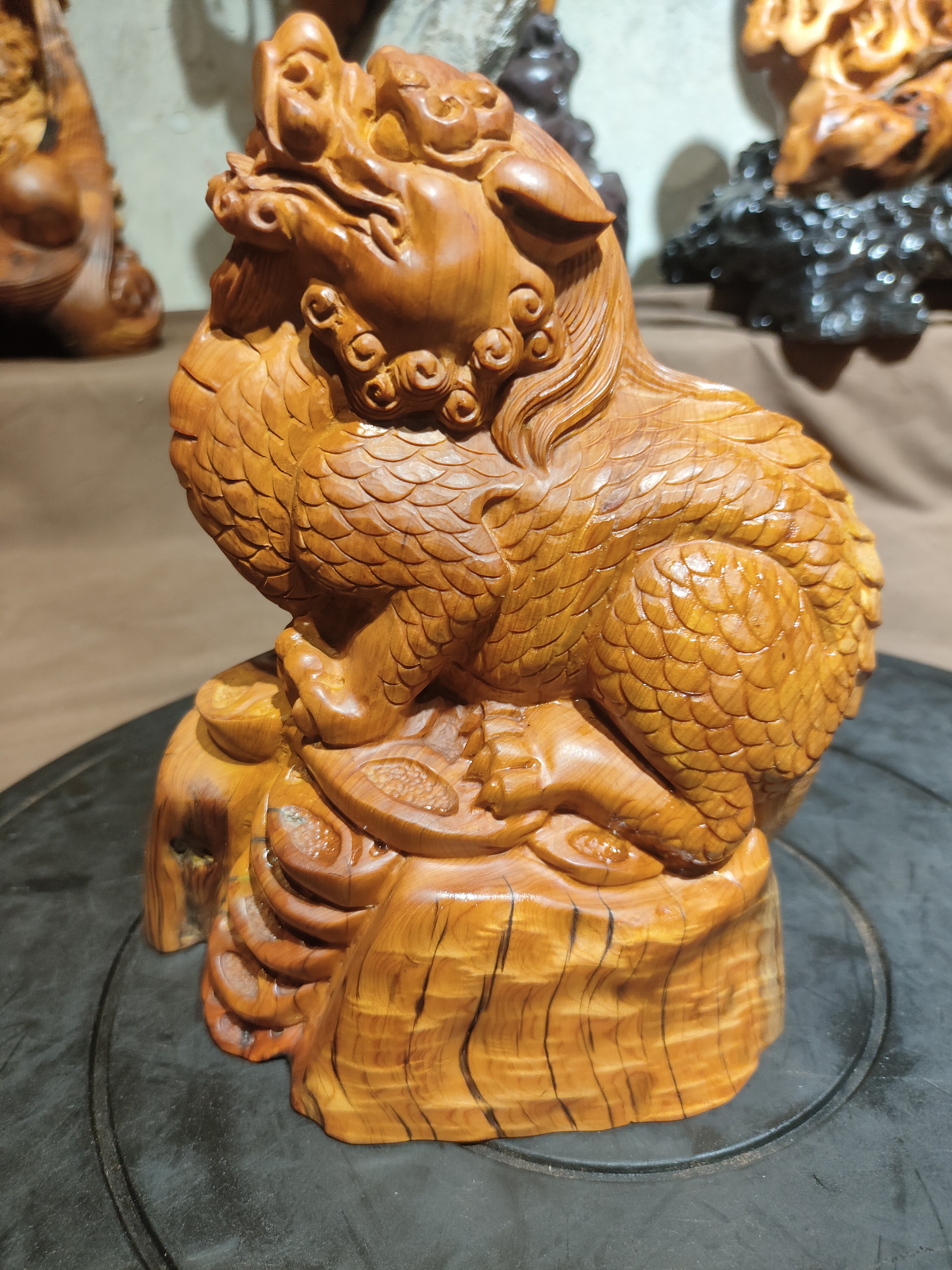 太行崖柏沉化料貔犰纯手工木雕摆件(水波纹)长宽高：17*12*21厘米