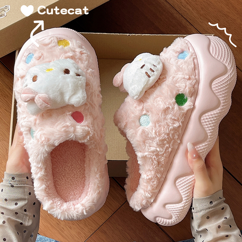 卡通可爱防滑毛毛棉拖鞋女秋冬季新款居家保暖厚底加绒包跟毛绒拖