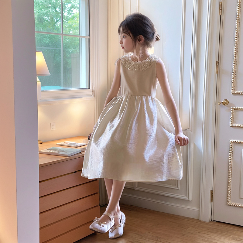 女童连衣裙2025夏季新款木耳边光泽公主裙子礼服裙儿童夏装背心裙