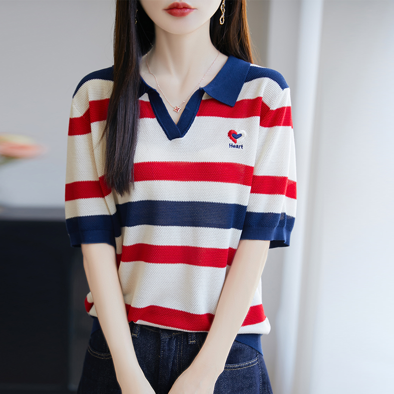 哥弟阿玛施正品莱赛尔女士polo领条纹针织短袖t恤女2025新款夏季