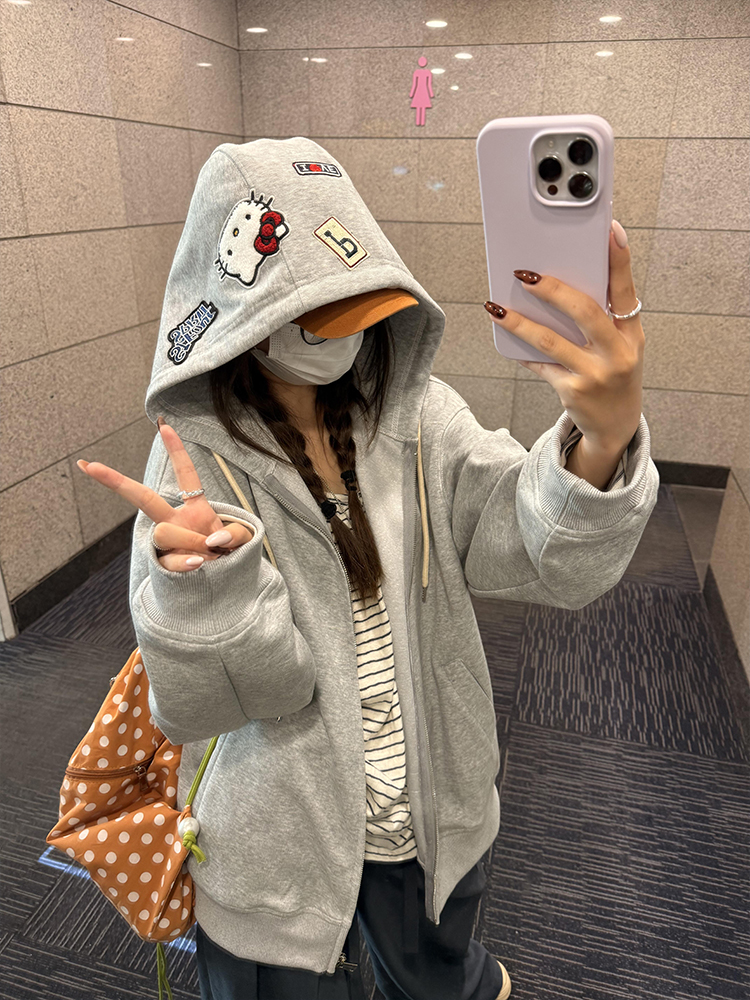 美式复古贴章刺绣kitty连帽卫衣女春秋高级感设计感开衫拉链外套