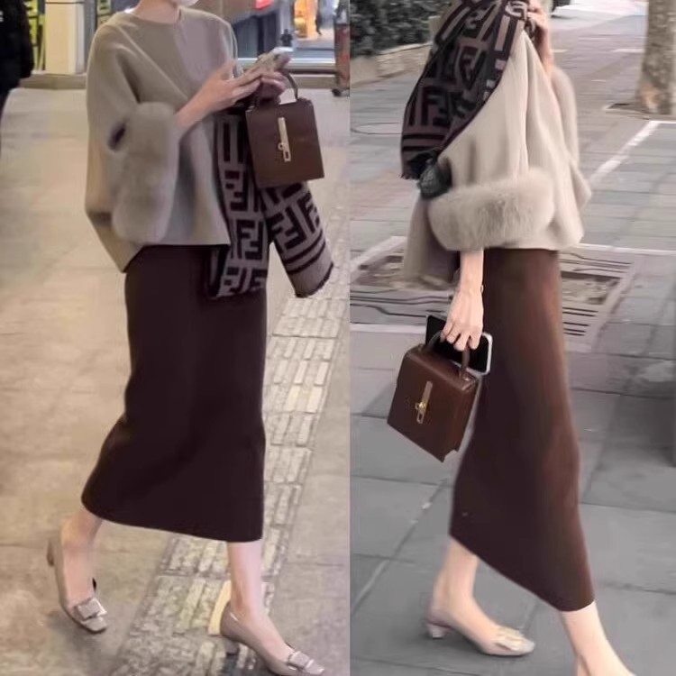 高级感咖色针织半身裙女秋冬小个子一步裙子气质显瘦直筒包臀冬裙