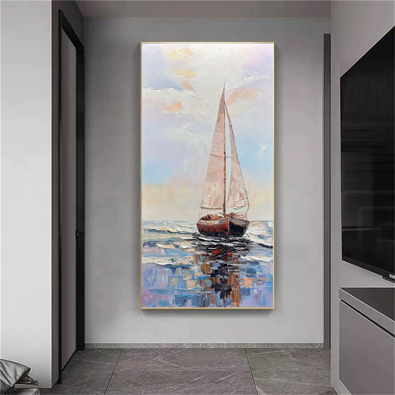 《一帆风顺》纯手绘竖版油画走廊玄关装饰画现代简约挂画肌理画