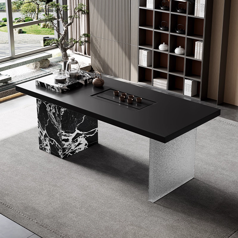 意式岩板茶桌椅组合新款2025高端客厅黑色中国风泡茶台茶桌