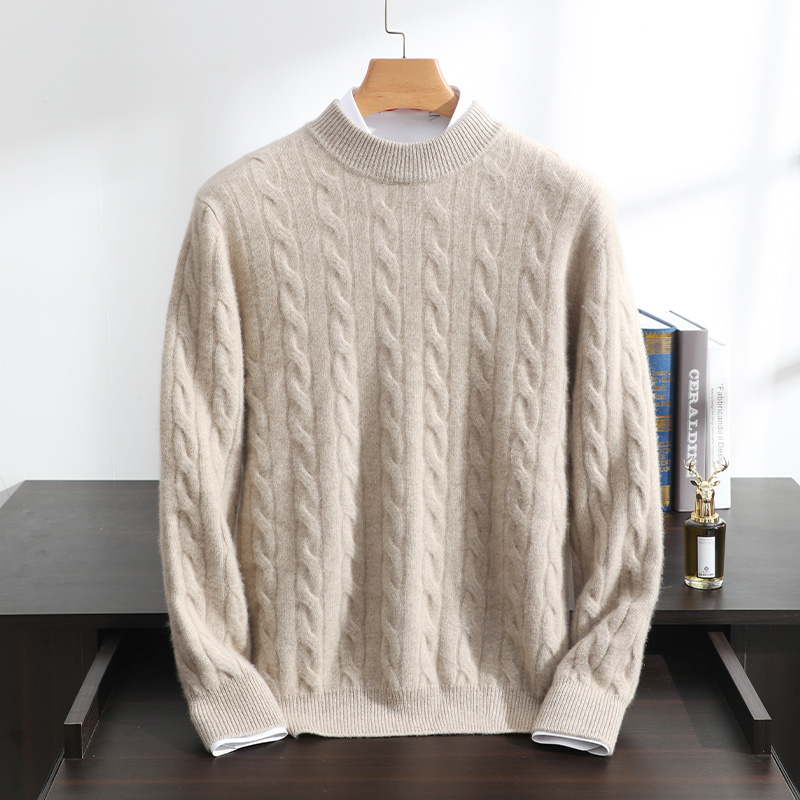100%纯山羊绒衫男士双股加厚麻花圆领毛衣宽松针织纯羊绒衫套头衫