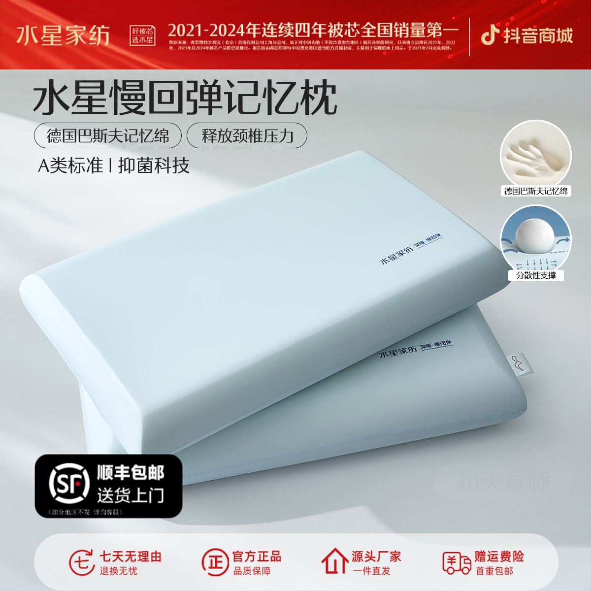 【618抢先购】水星家纺记忆慢回弹深睡A类抑菌成人学生宿舍枕芯睡眠商品图