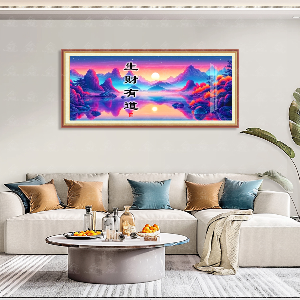 【进口棉布】十字绣爱阁生财有道新款中式山水大幅装饰客厅手工线绣