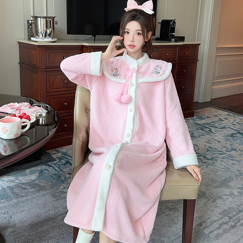 半边绒女士睡衣冬季加绒加厚保暖开衫长袖中长款睡袍公主风家居服