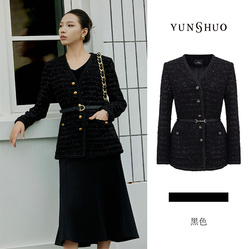 允硕新品时尚气质小香黑色轻奢风亮闪女装显瘦简约宽松外套456150