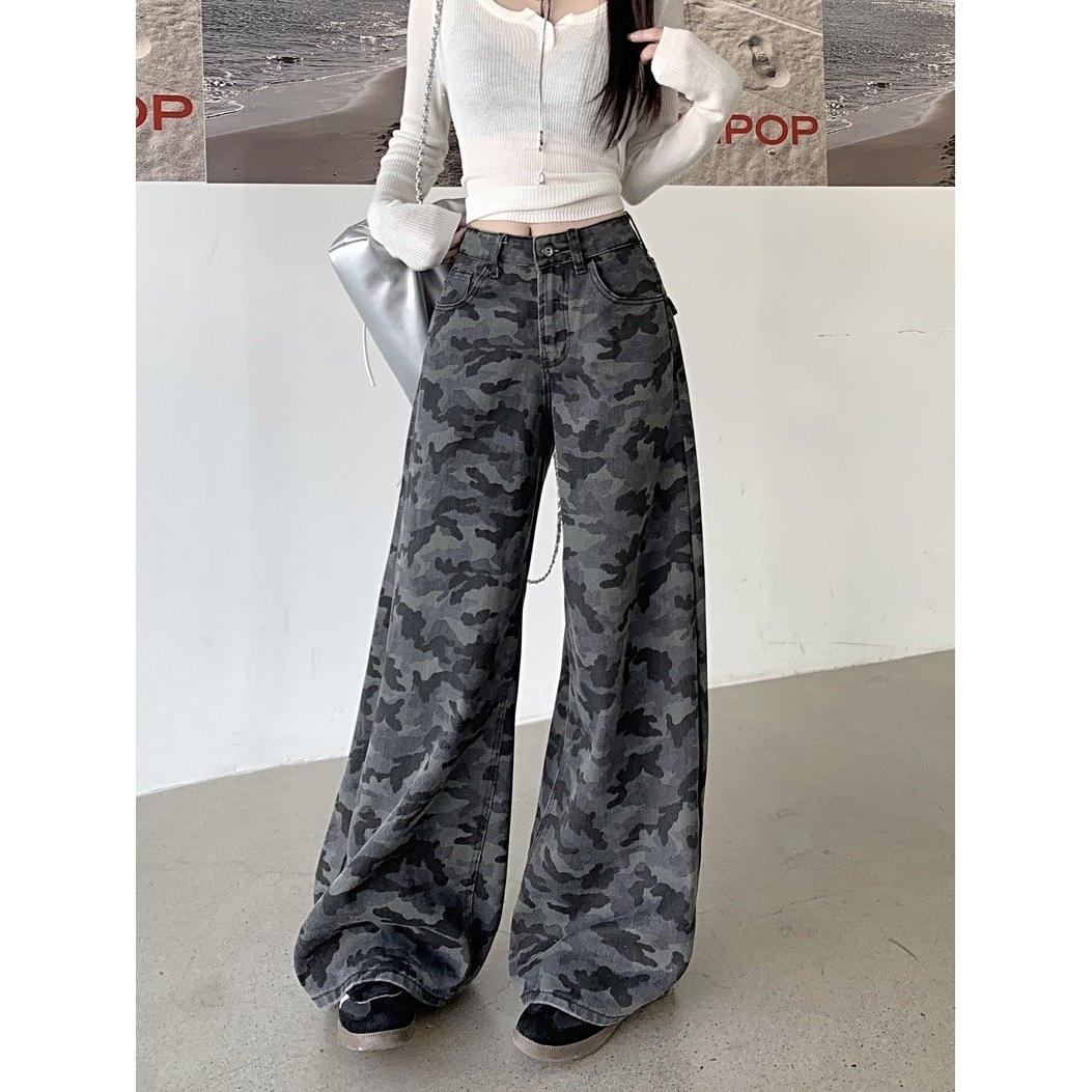 美式复古迷彩裤牛仔裤阔腿裤女春季高腰小众宽松休闲拖地裤直筒裤