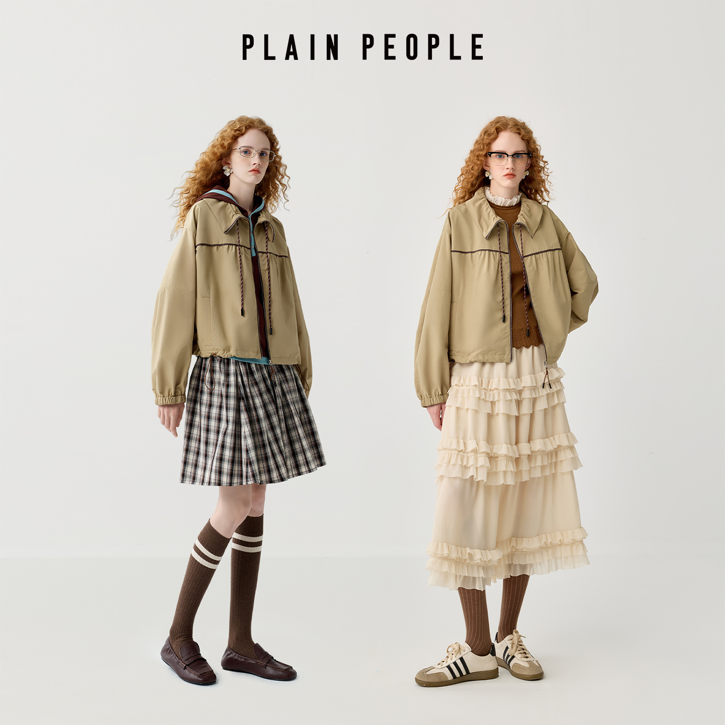 PLAIN PEOPLE复古学院轻户外抽绳翻领休闲短外套女蓝色2025秋新款