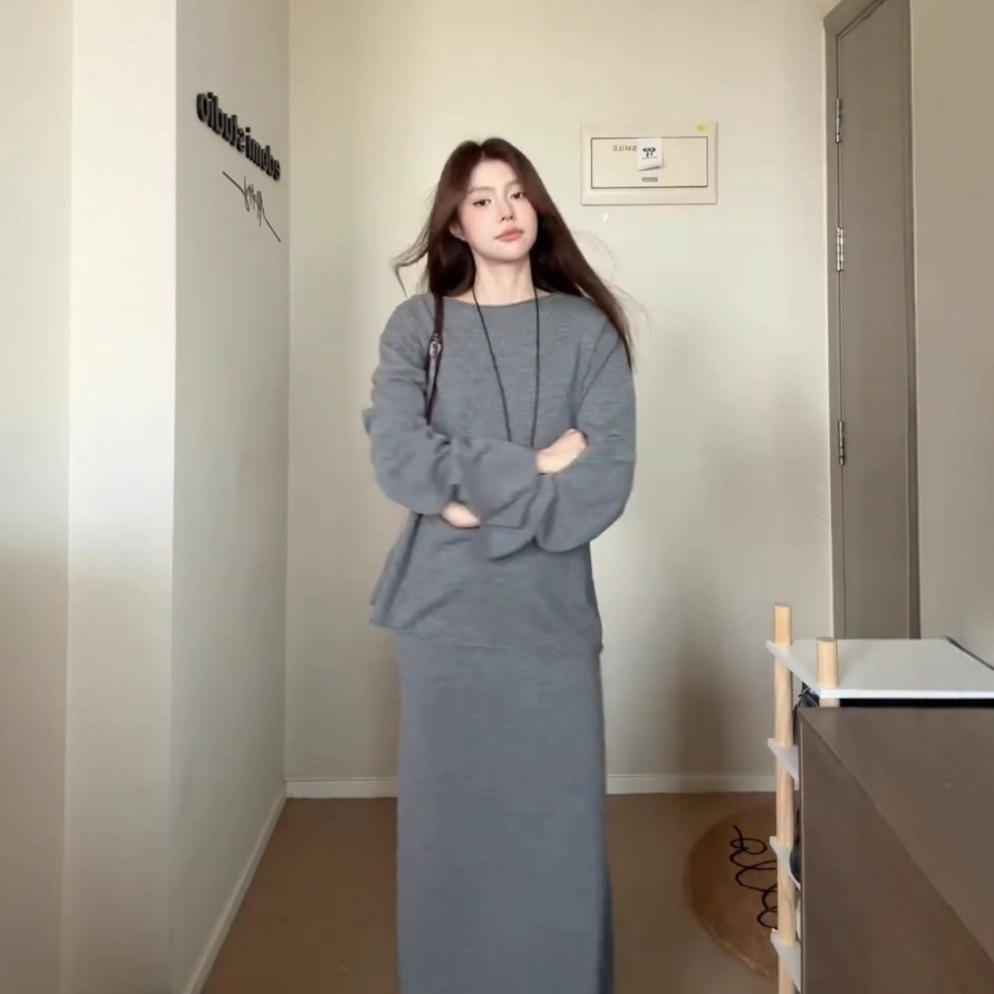 3203【现货】秋冬日常慵懒风卷边针织套装百搭休闲毛衣半身裙套装