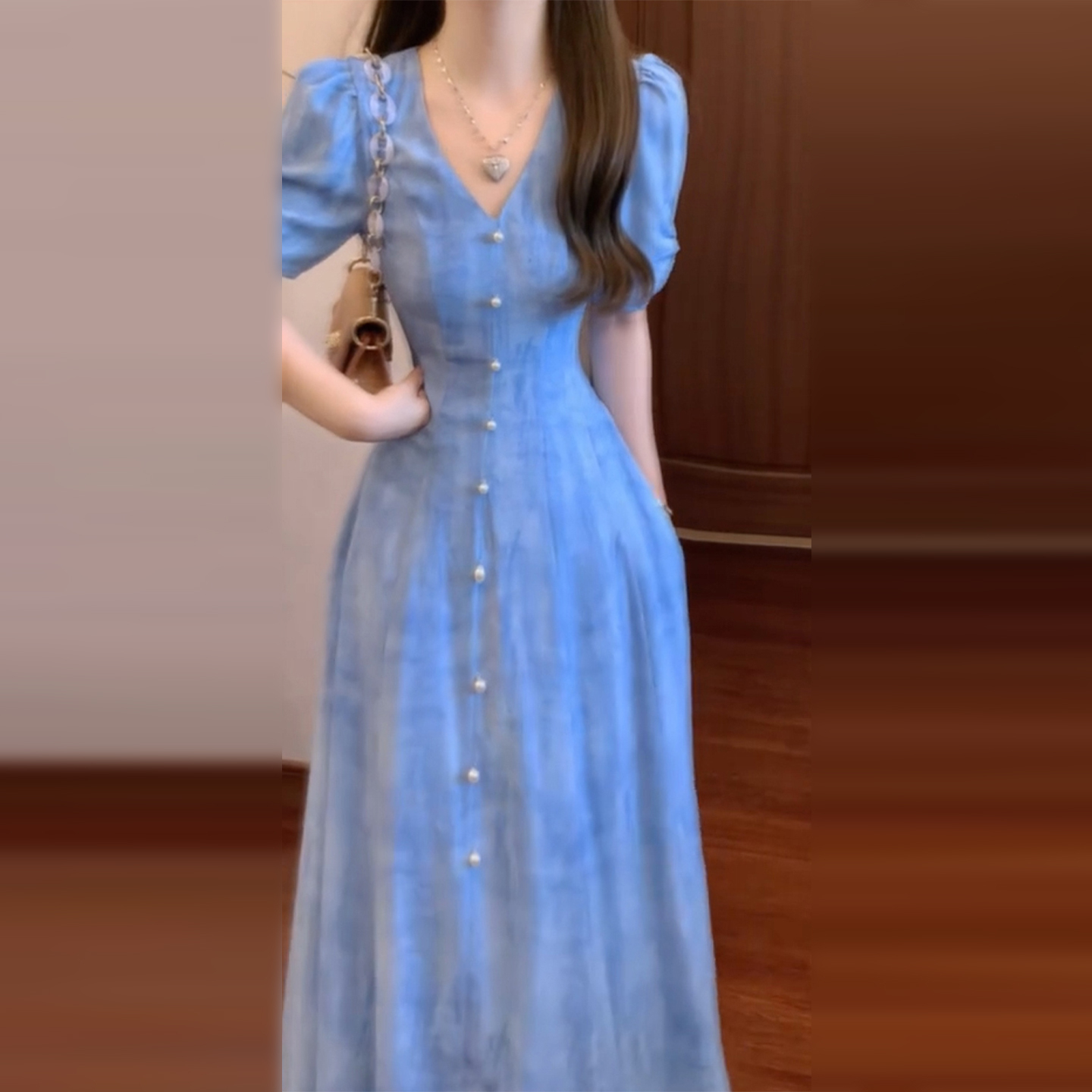 【现货+运补】蓝色v领泡泡袖连衣裙子女气质掐腰衬衫裙5864
