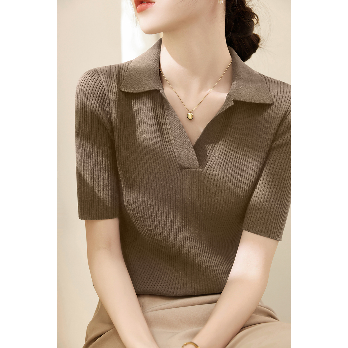 2025春夏季新款气质V领打底上衣女装纯色POLO领休闲百搭T恤针织衫