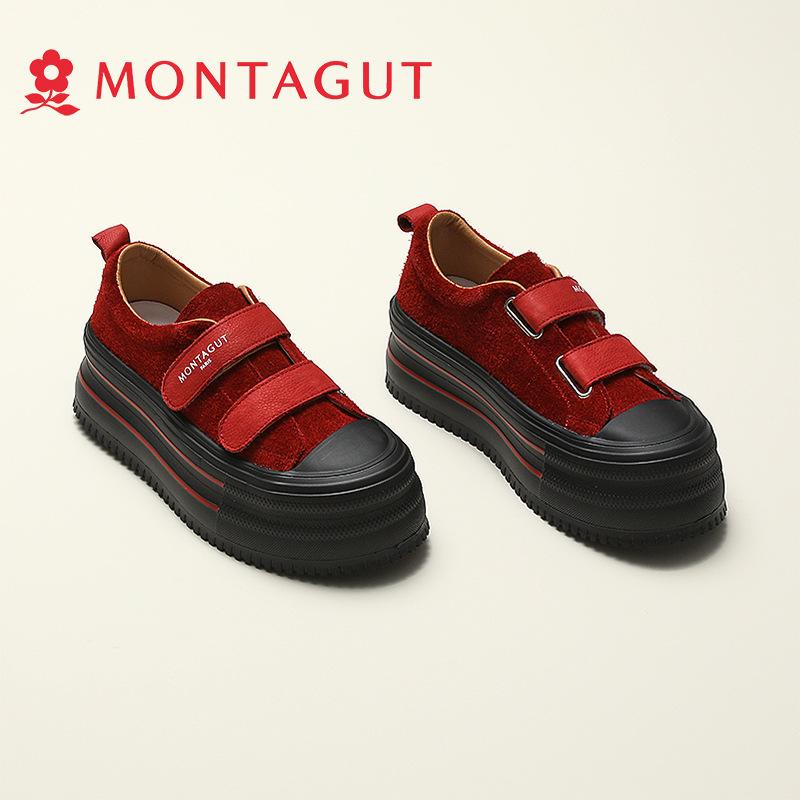 Montagut/梦特娇增高魔术贴女2025秋新时尚厚底休闲舒适松糕板鞋
