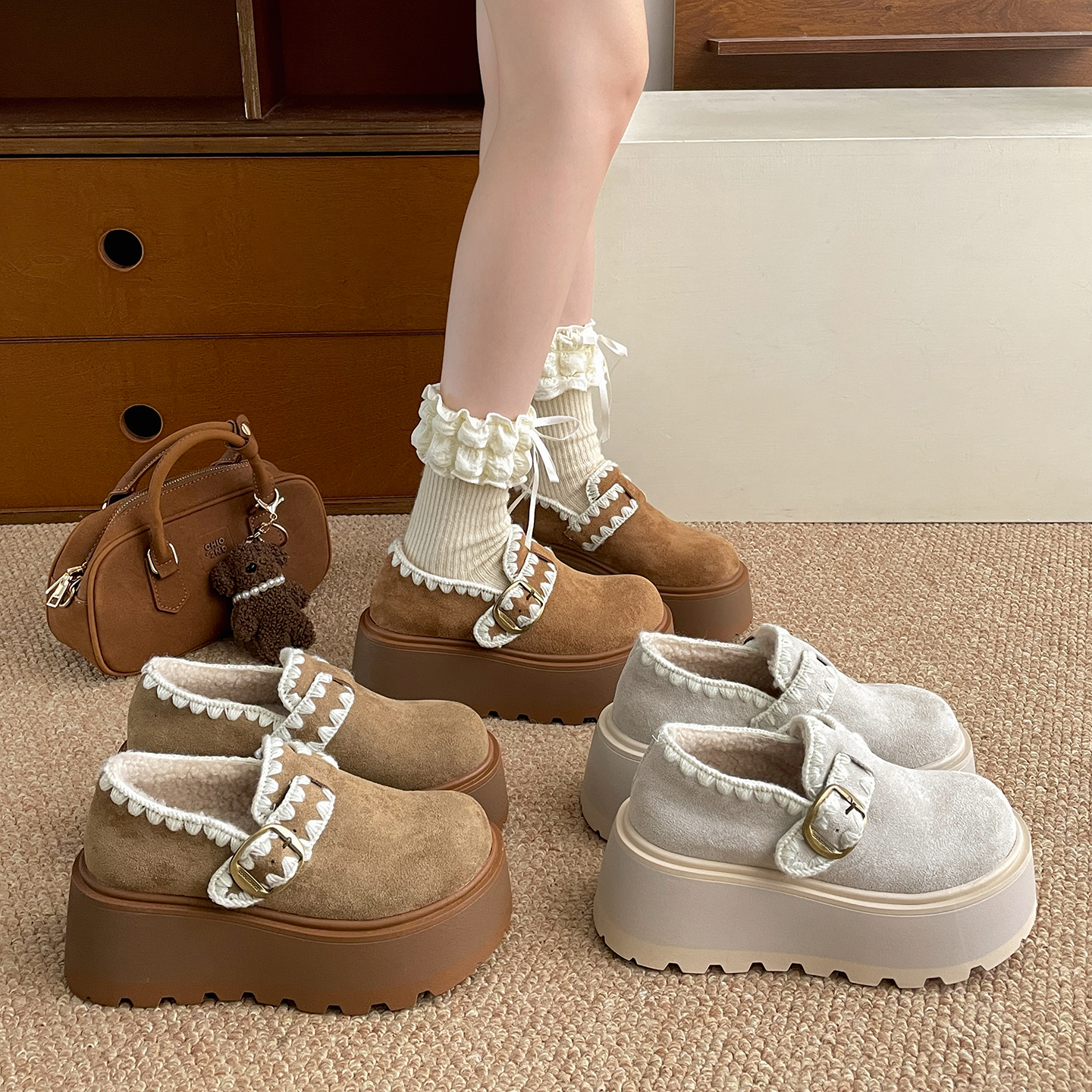 白色复古增高全包厚底勃肯鞋女2025新款冬季加绒加厚保暖雪地棉鞋