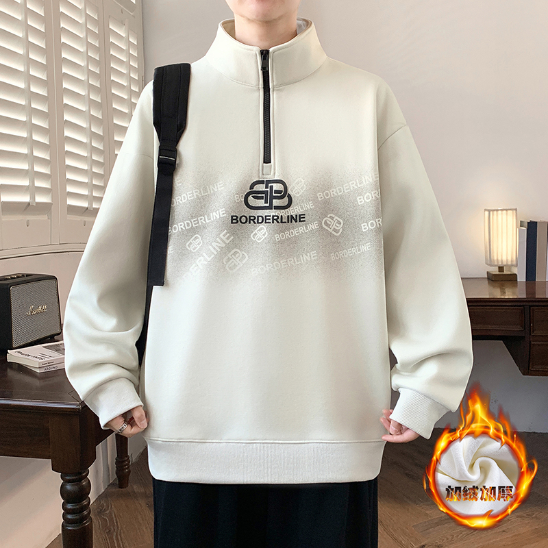 2025冬季学院风青少年加绒加厚半高领卫衣韩版印花保暖套头打底衫