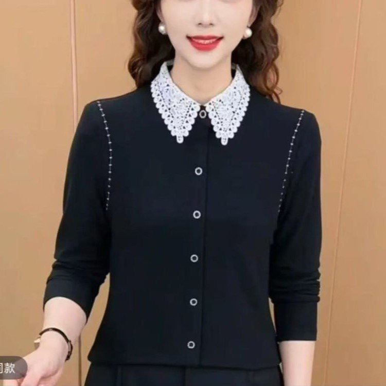 秋冬新款拼色娃娃领长袖百搭洋气时尚显瘦修身打底衫女