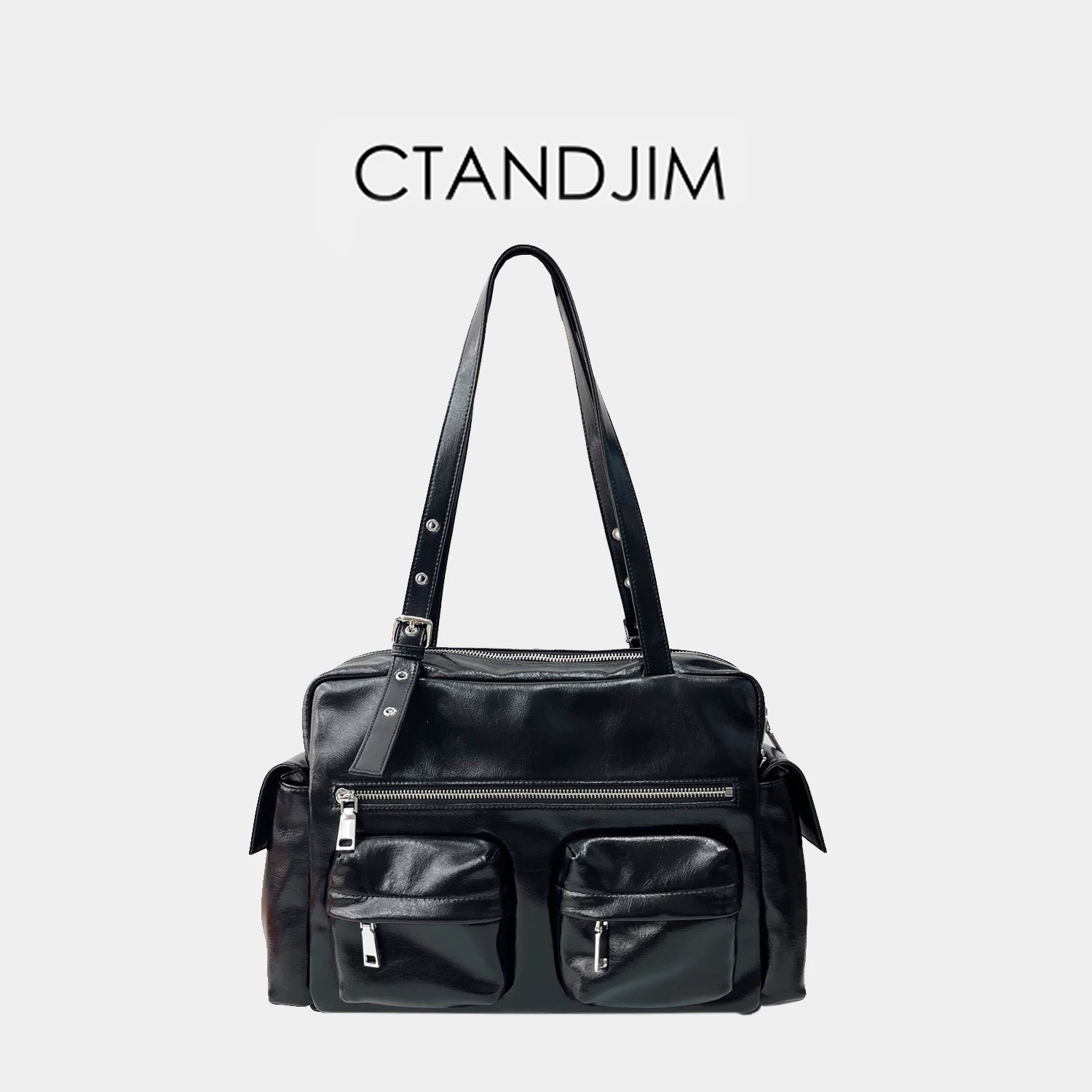 CTANDJIM黑色油蜡皮双口袋拉链复古腋下包 通勤电脑包 旅行包