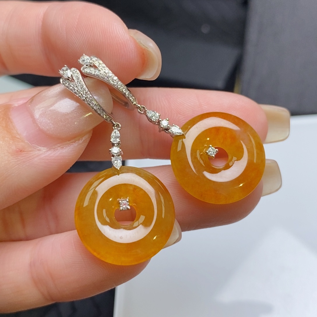 翡翠18K金镶嵌耳饰冰蜜橘红翡甜甜圈