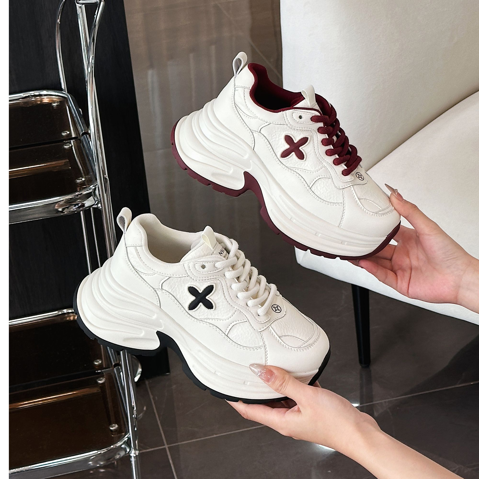 白色厚底十字花老爹鞋女2025新款春秋小个子增高休闲鞋/dfd35268