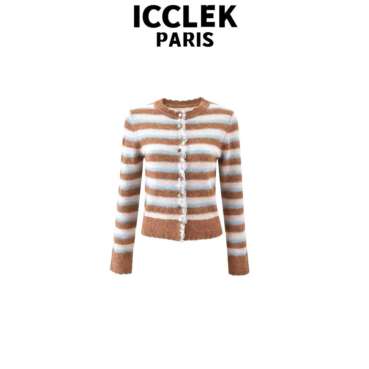 咖色条纹圆领针织开衫百搭气质显瘦秋冬名媛减龄外套-9118