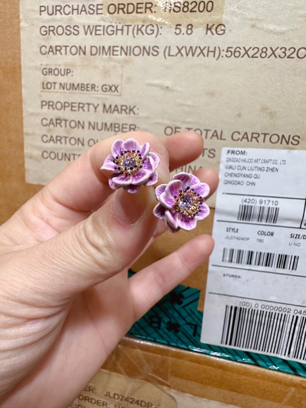 铜合金珐琅耳饰 甜美紫色花朵宝石耳钉