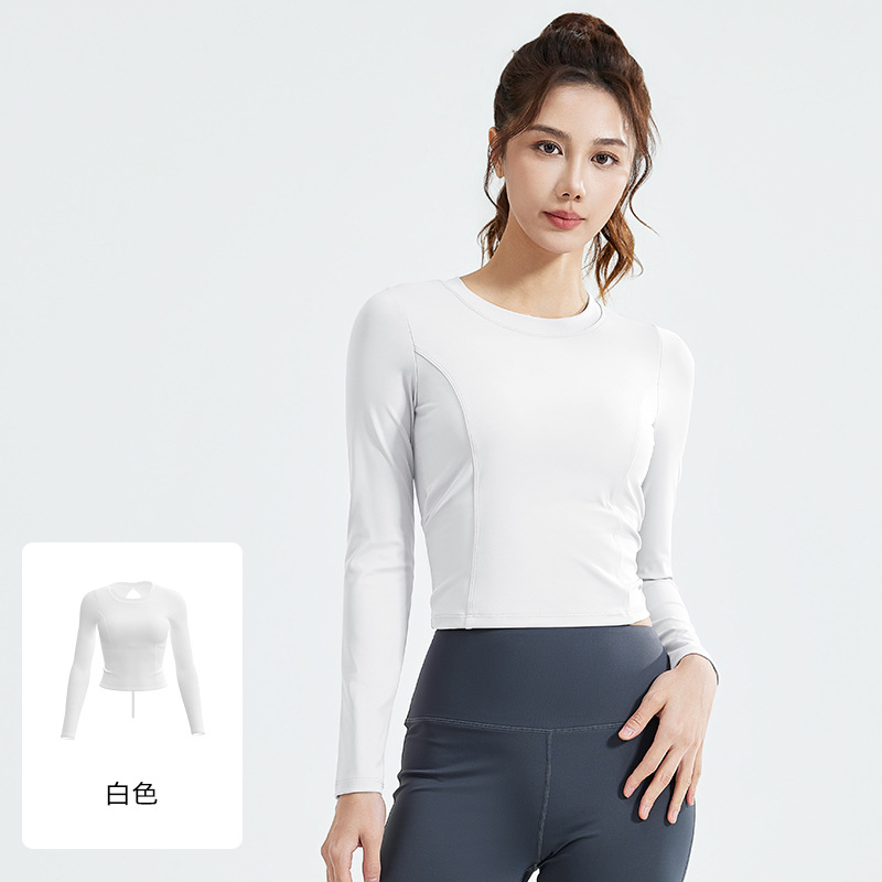 新款美背瑜伽服女褶皱修身健身上衣自带胸垫跑步运动长袖A