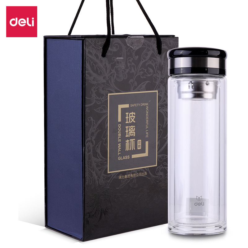 得力6100玻璃杯400ml双层隔热过滤隔网商务水杯送礼茶杯