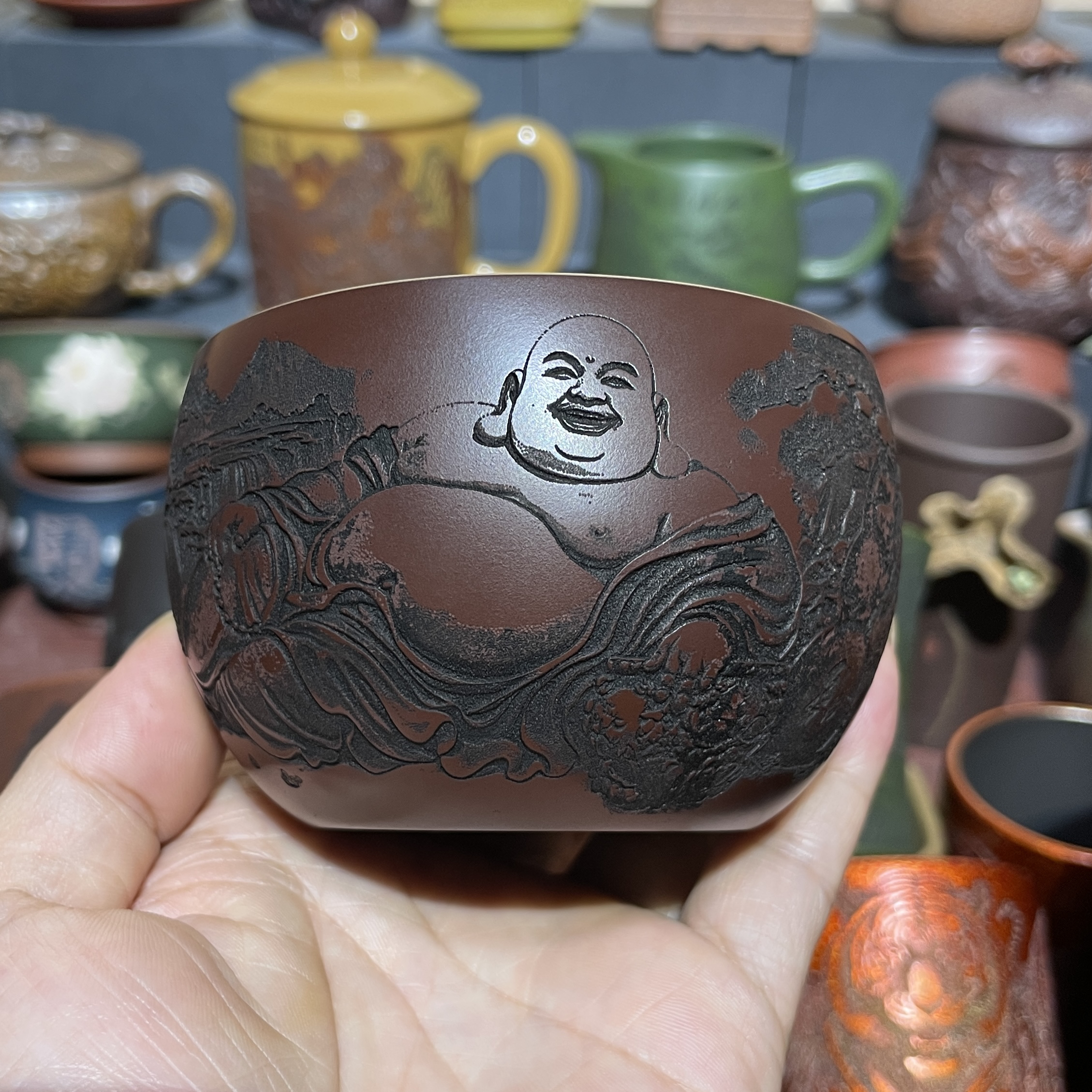 宜兴紫砂原矿石红刻绘弥勒佛主人杯200CC大容量纯手工水缸杯茶杯
