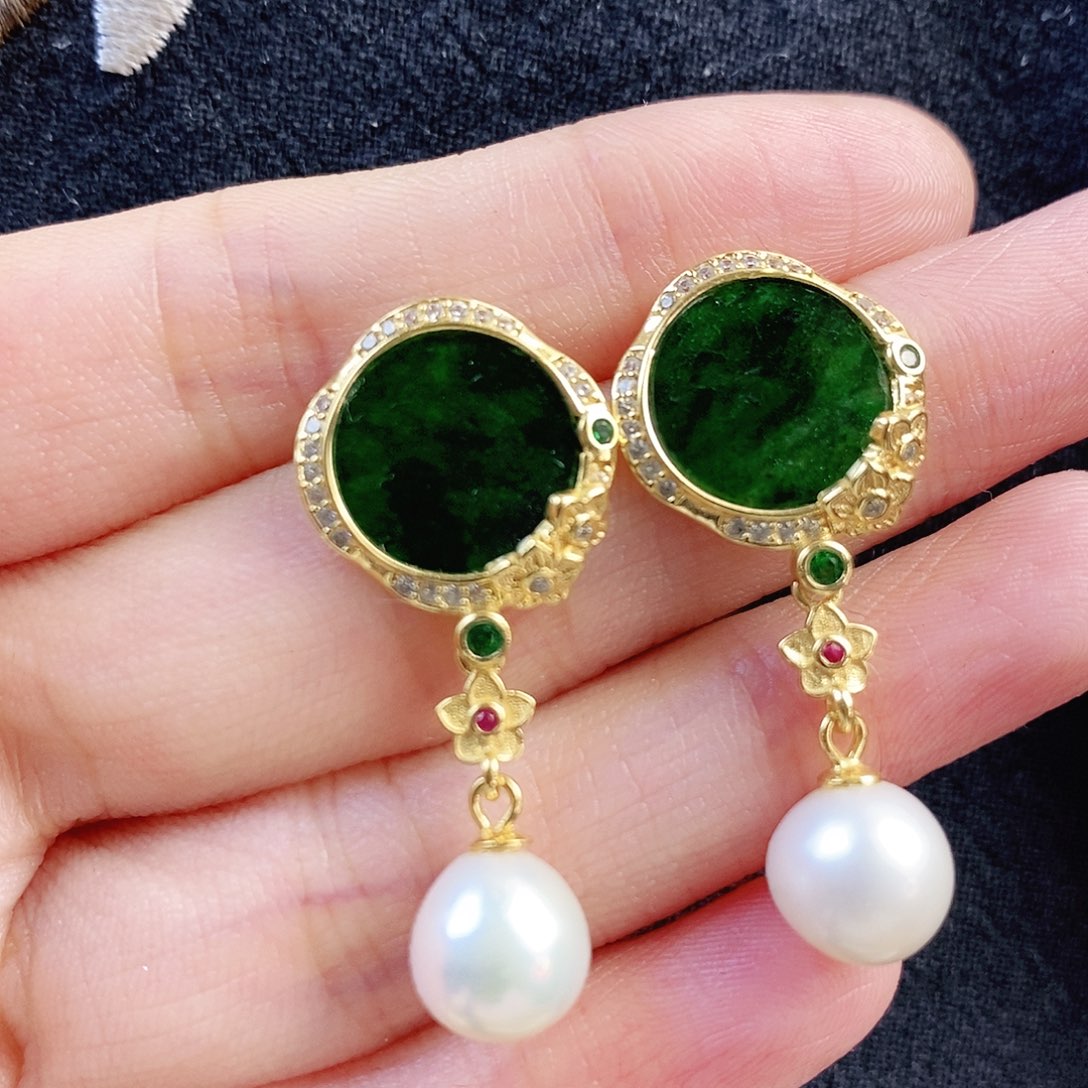 翡翠银S925镶嵌耳饰缅甸翡翠