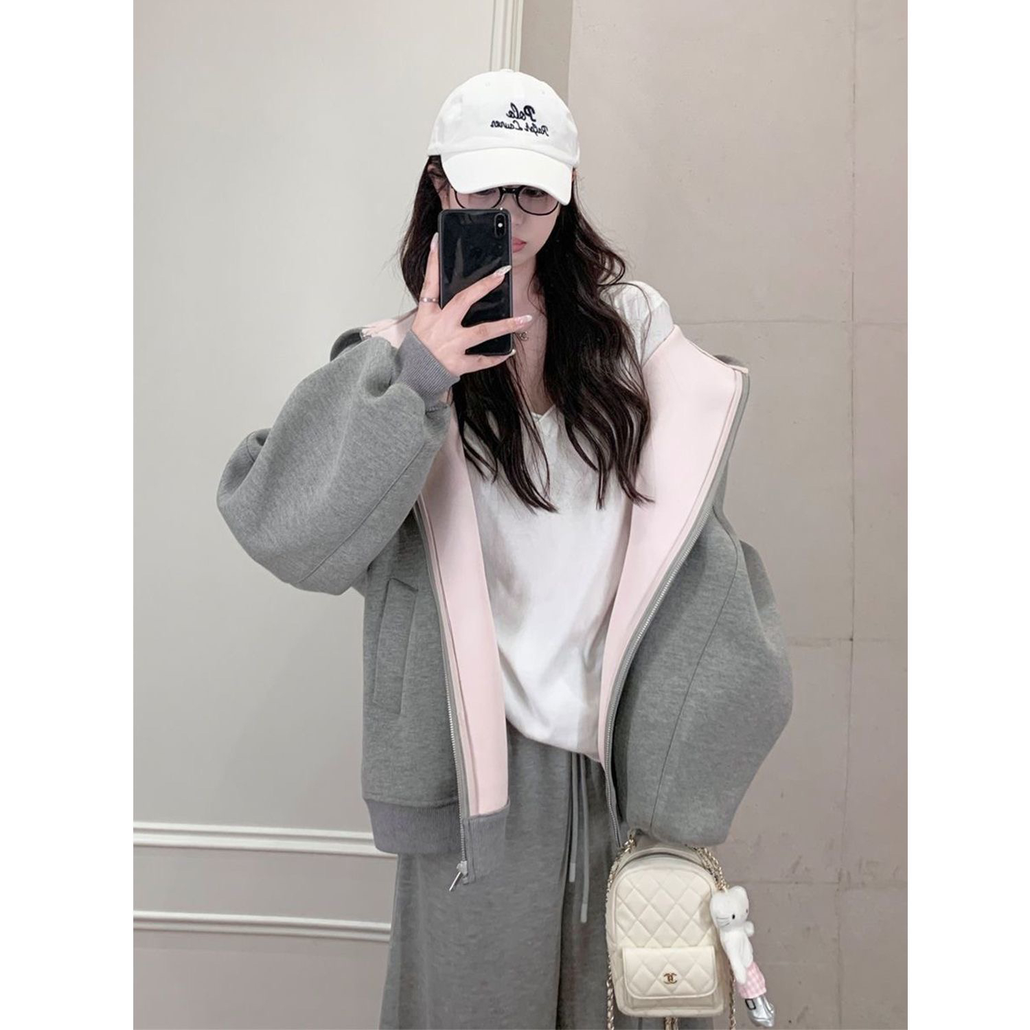 撞色连帽纯棉加绒卫衣早秋外套韩系宽松慵懒风拼接开衫休闲女款