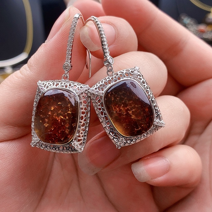 琥珀裸石银S925镶嵌耳坠