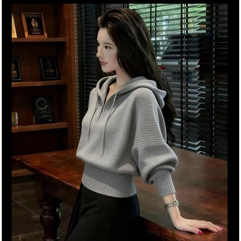 2025新款时尚厚款纯色针织连帽毛针织衫休闲慵懒风上衣针织衫短款